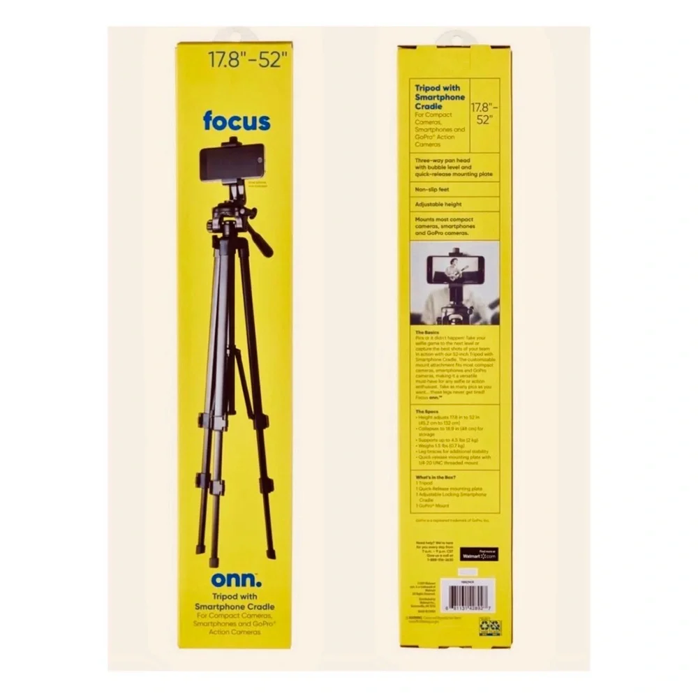 Compact ONN Tripod 17.8”-52”. 'Focus' - With Smartphone Cradle.
